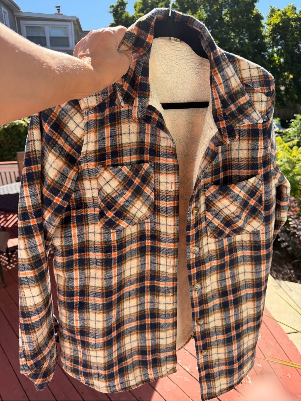 Promesa Orange & Navy Plaid Sherpa-Lined Shirt Jacket wom med